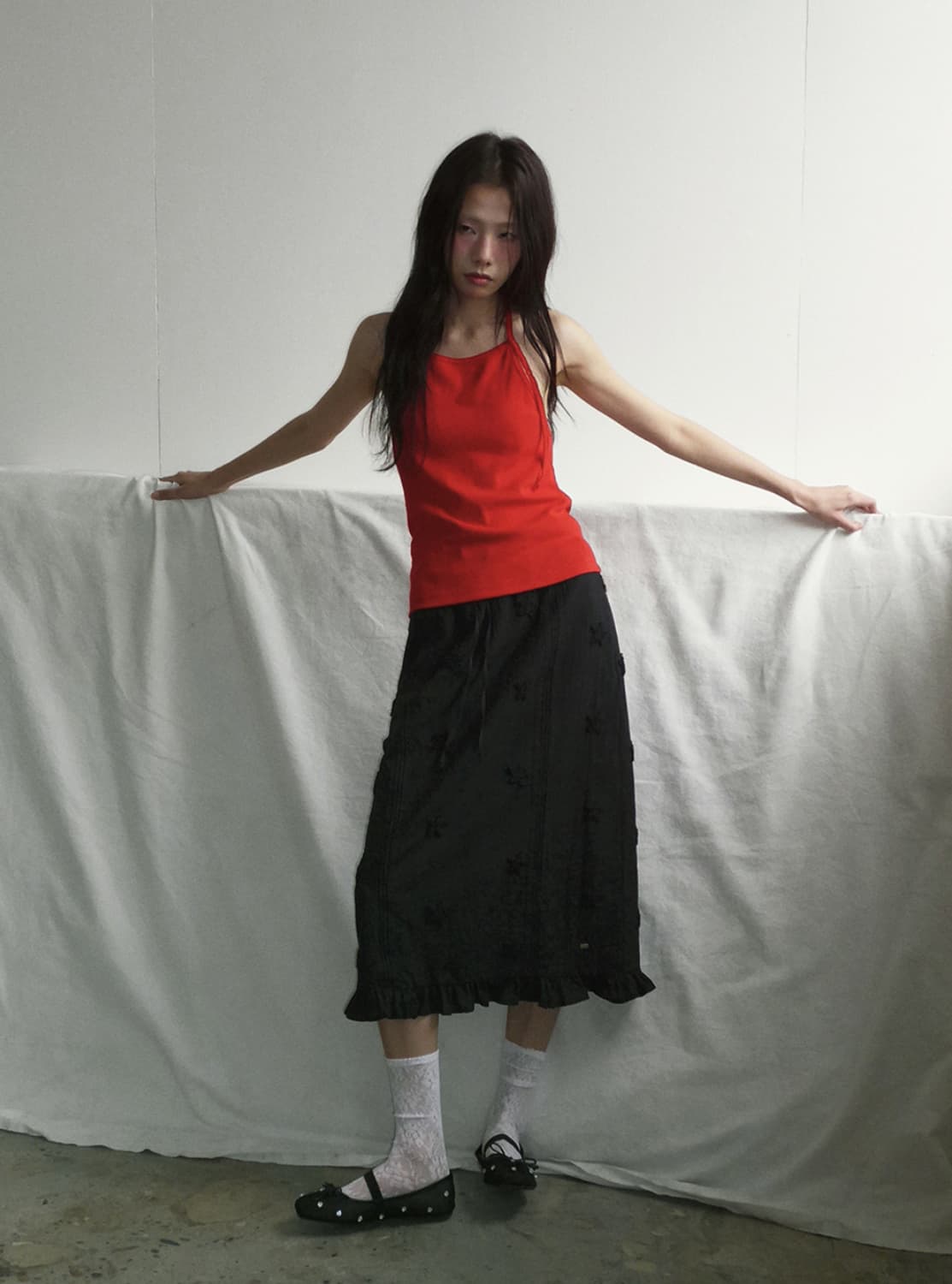 렌세 스타 프릴 롱스커트 블랙 상품이미지5