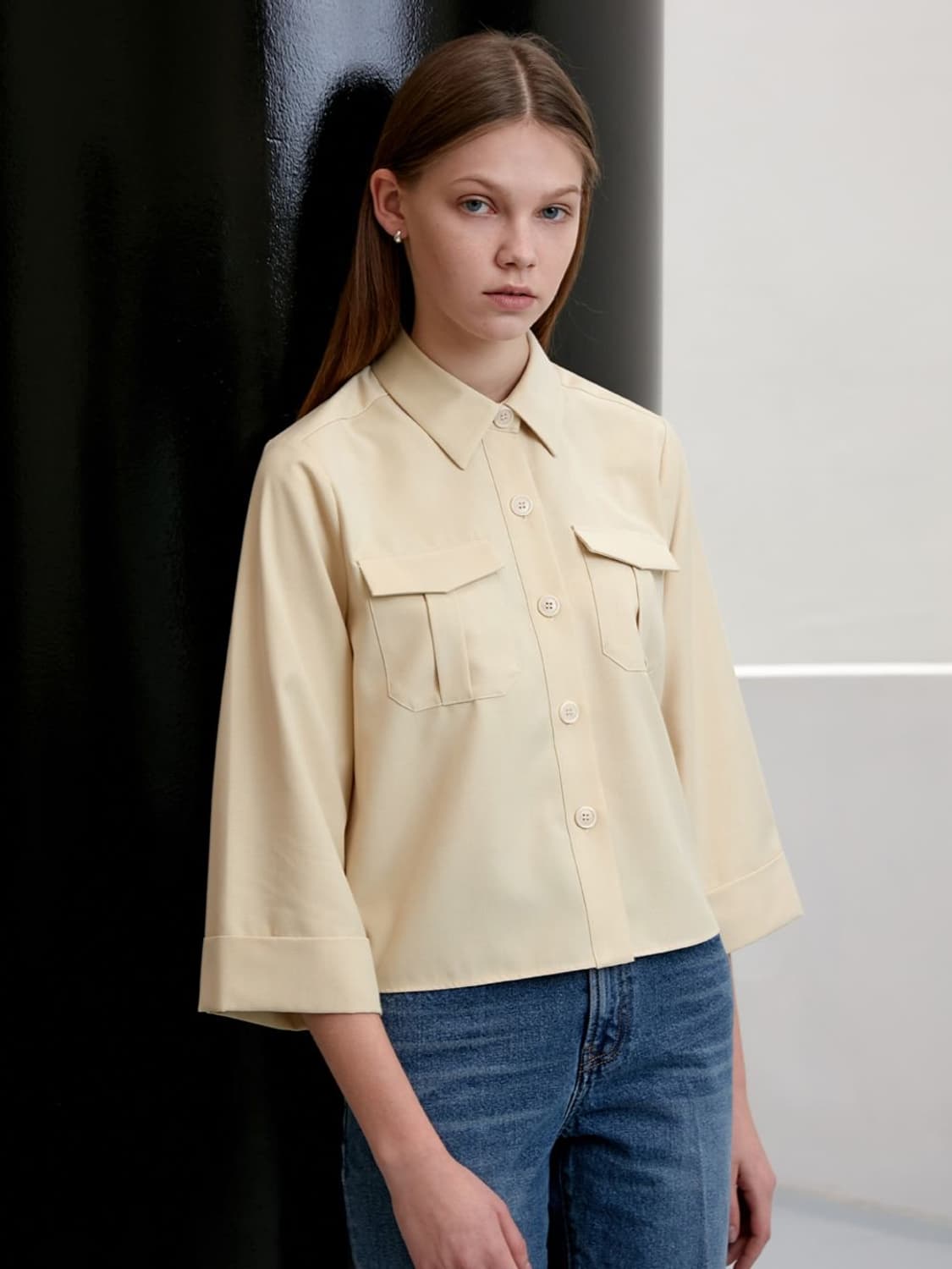 던스트 베이지 포켓 카브라 클래식 크롭 셔츠 블라우스 S 상품이미지2