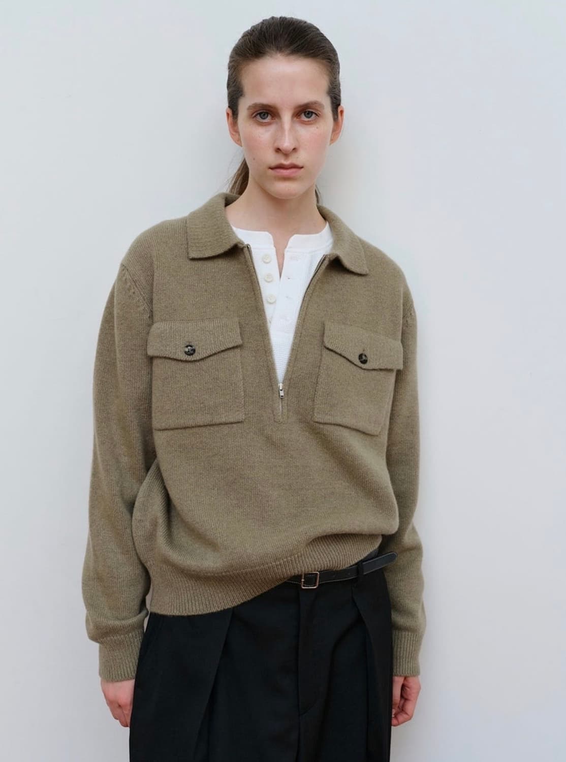 문달 포켓 카라 니트 카키 F 상품이미지1