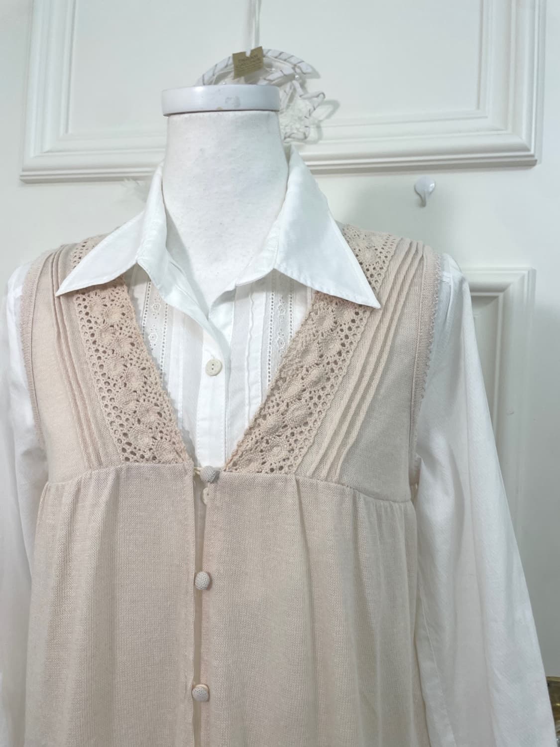 coral beige knit crochet vest cardigan&w 상품이미지6