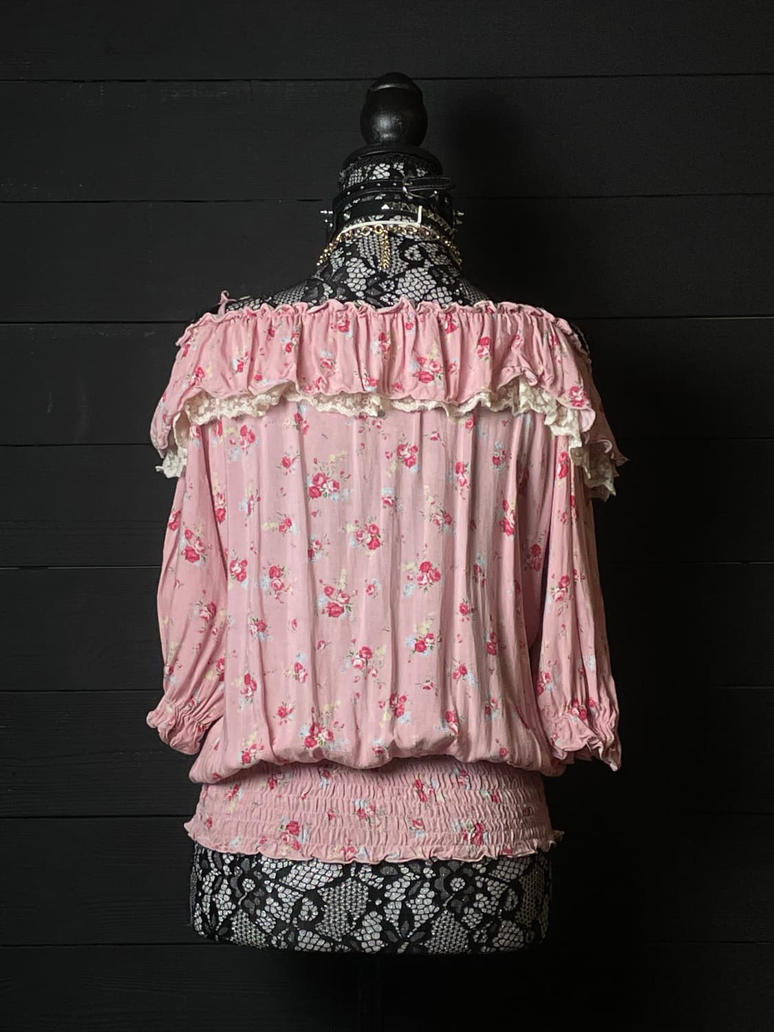 JPN 플라워 패턴 꽃무늬 히메갸루 핑크 오프숄더 리본 탑 상품이미지3