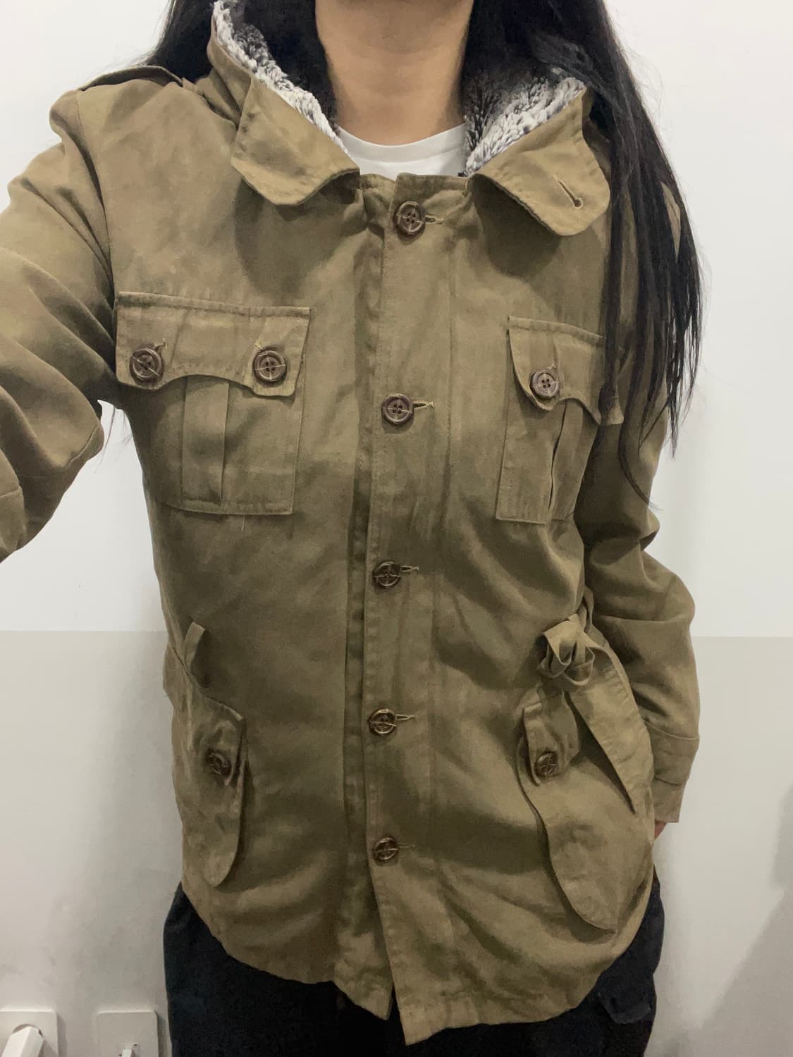 (빈티지)슬림핏 퍼 후드 멀티포켓 밀리터리 스웨이드 야상 자켓 상품이미지2