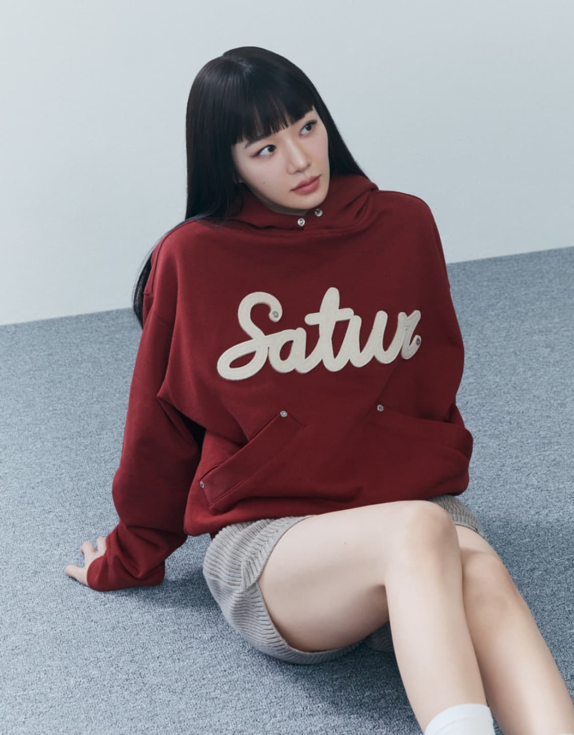 SATUR 세터 아플리케 리벳 버건디 후드티 상품이미지1