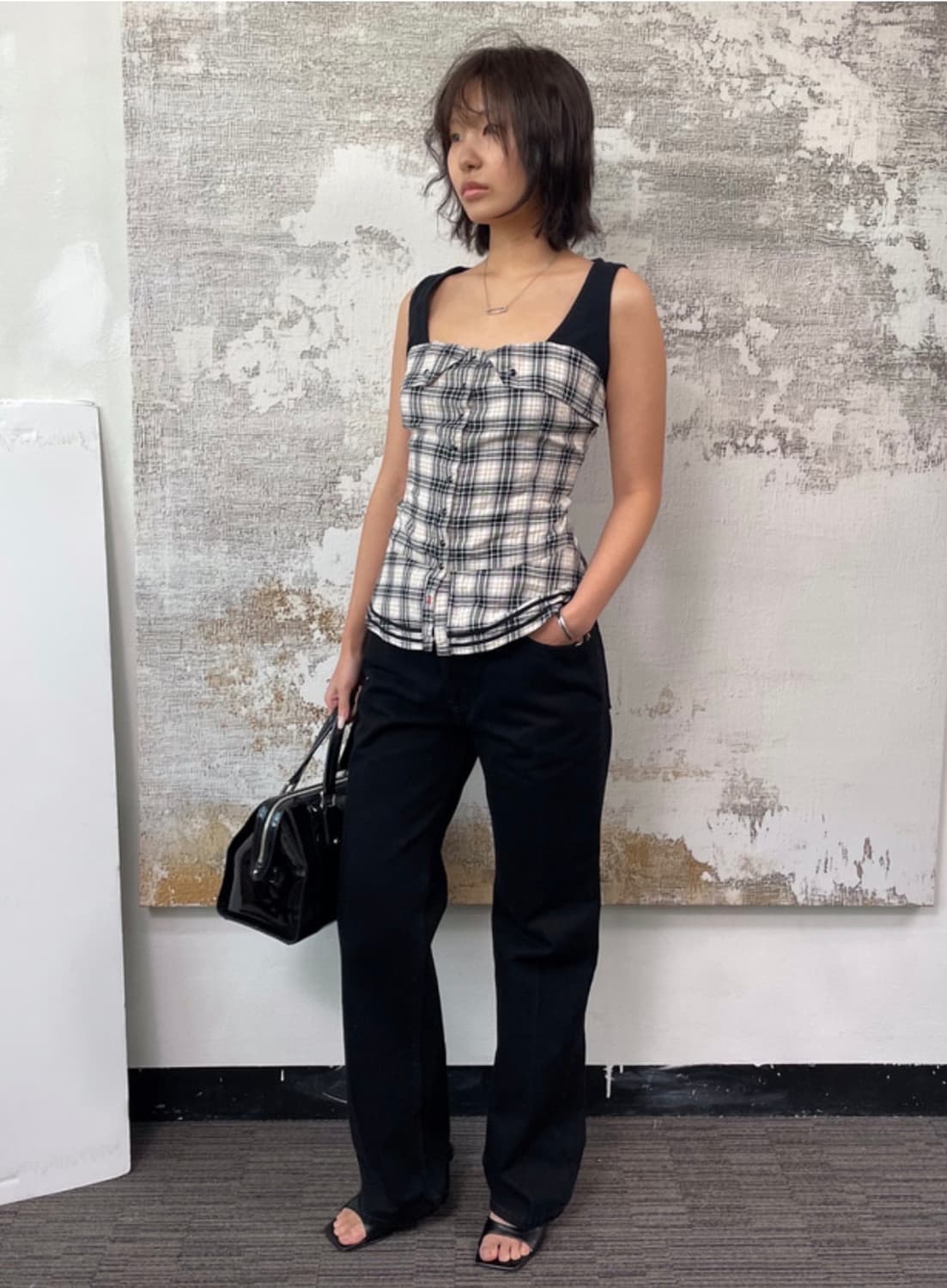 레이어드 슬리브리스 체크 탑 하이틴 상품이미지3