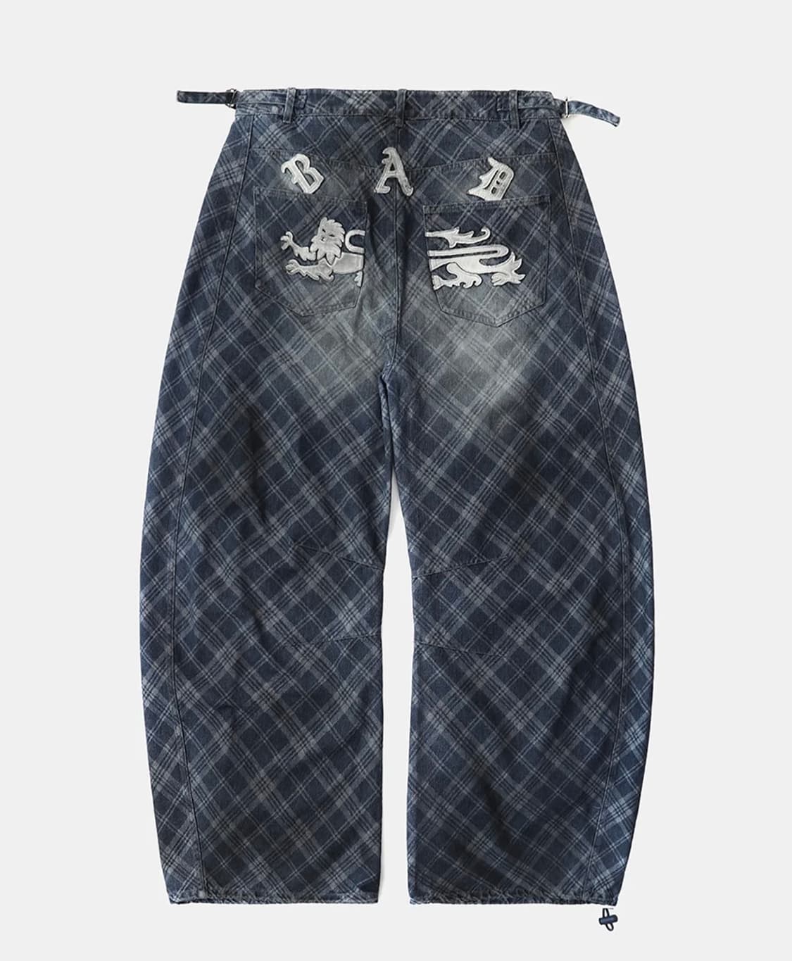 배드블러드 라이온 패치 워시드 배럴 팬츠 - 블루데님체크 상품이미지1