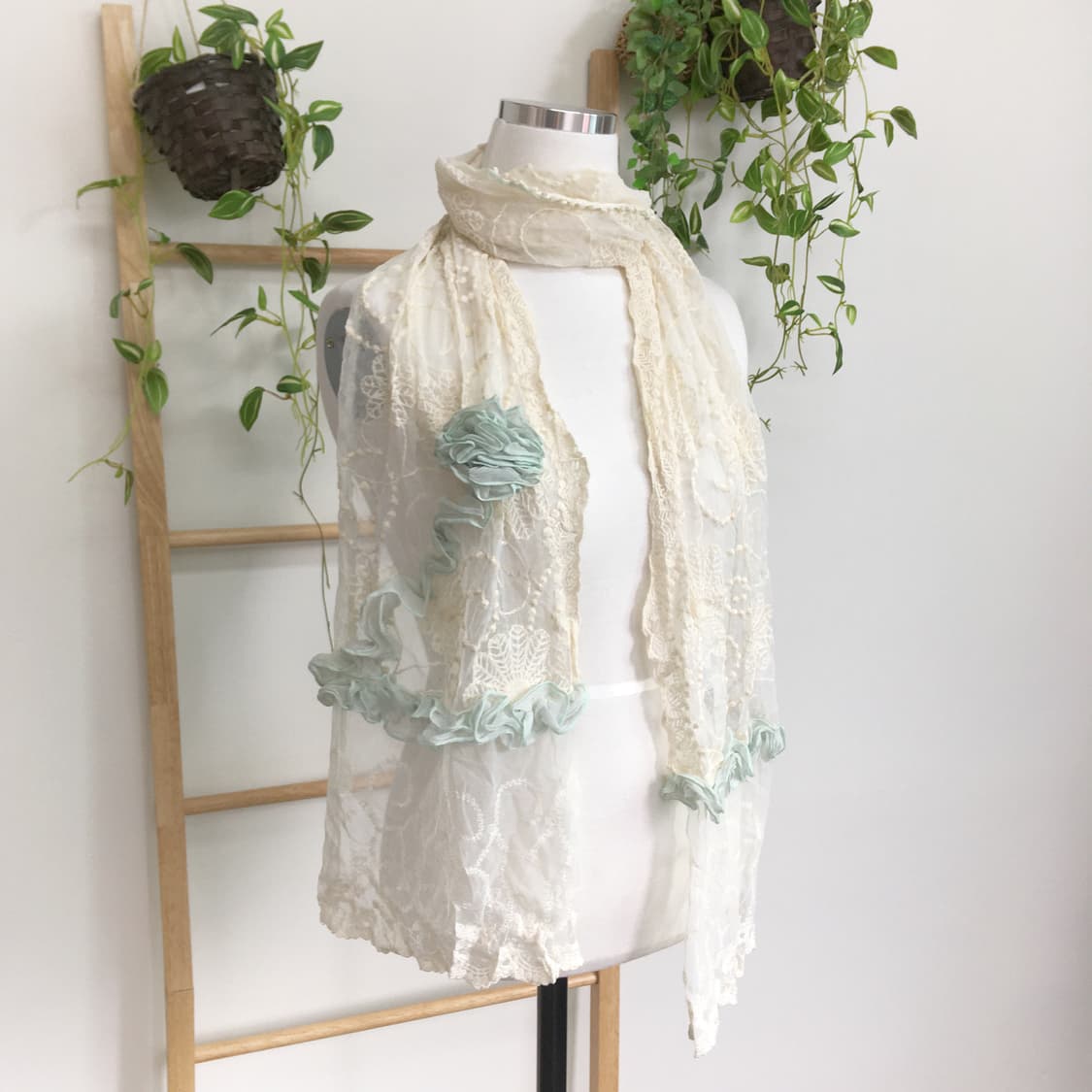 JPN/ 오리엔탈스카프 모리걸스카프 레이스 숄 아이보리 민트 장식  상품이미지7
