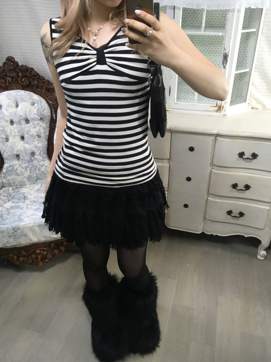 일본빈티지 스트라이프 리본 슬리브리스 상품이미지3