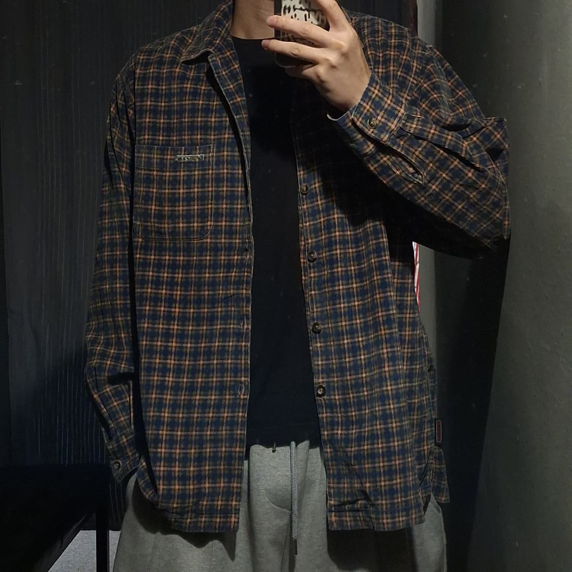 반스 90s 네이비 오렌지 타탄체크 올드스쿨 스트릿 코듀로이 남방 셔츠 상품이미지2