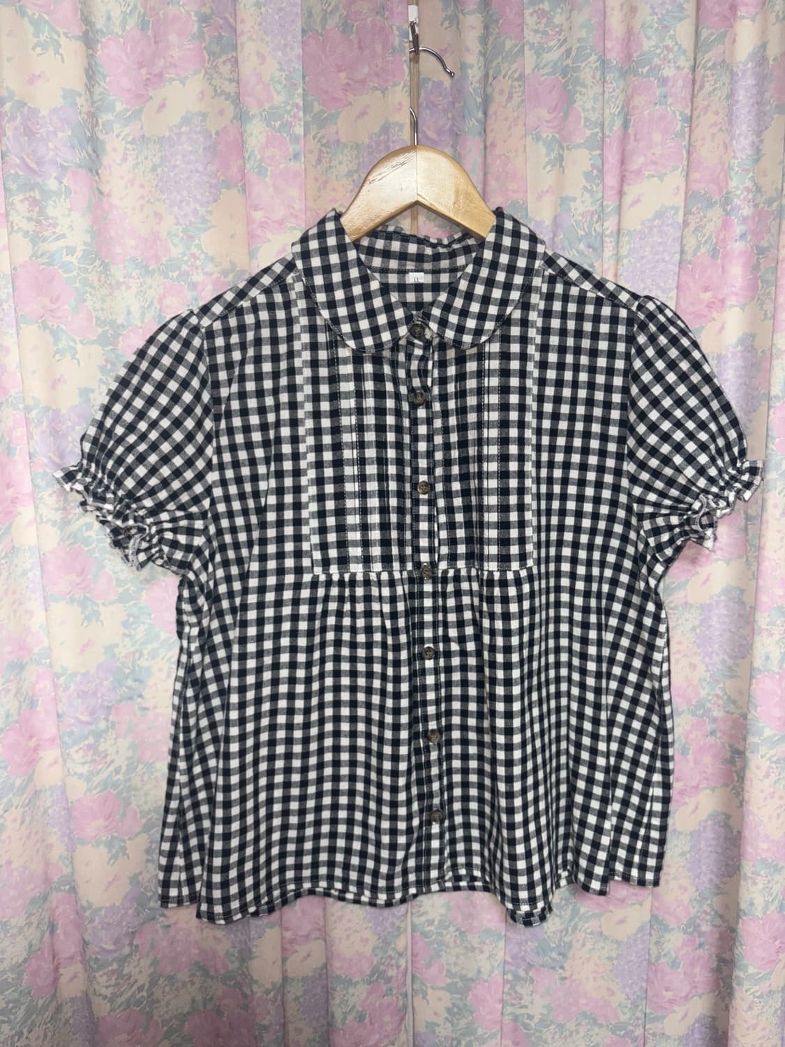 블랙 체크 둥근카라 블라우스 상품이미지5