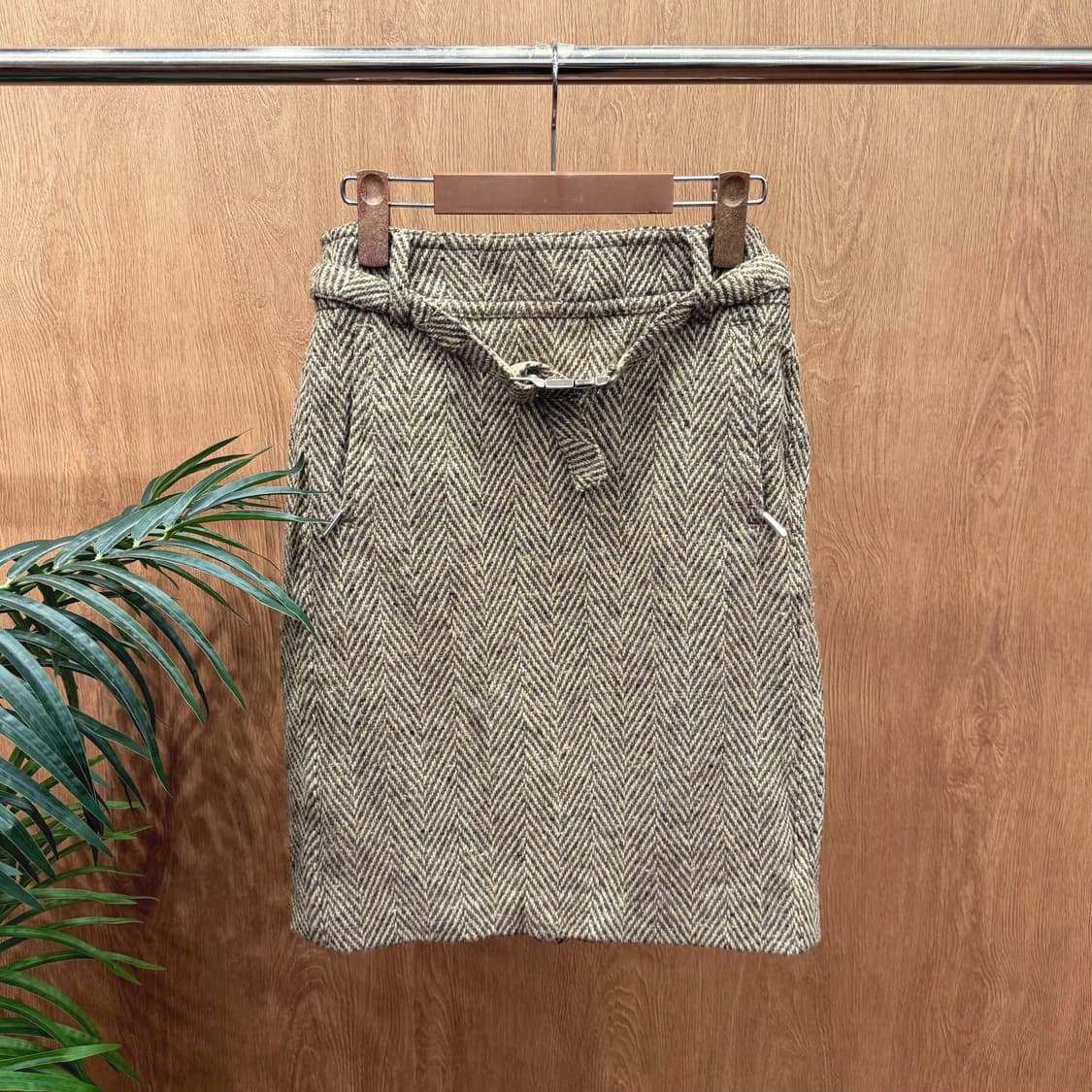 S 막스마라 H라인 미디 울 스커트 헤링본 패턴 메탈 버클 디테일 브라운 상품이미지1