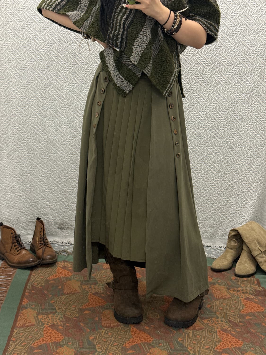 빈티지 코지 단추 언발 말차카키 플리츠 플레어 롱스커트 K0077 상품이미지1