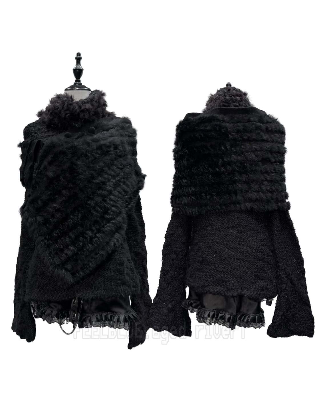 Black Rabbit Fur Trimming Knit Cape 상품이미지3
