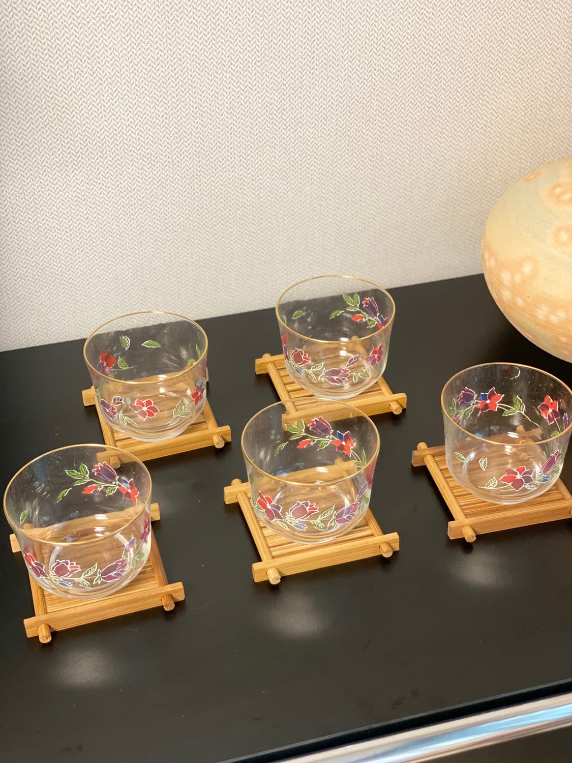 일본수입 ADERIA GLASS 플라워 유리 찻잔 5객 세트 (우드 받침 상품이미지1