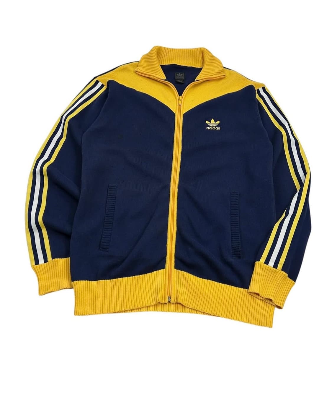 아디다스 삼선 트레포일 로고 배색 니트집업 네이비&옐로우 상품이미지1