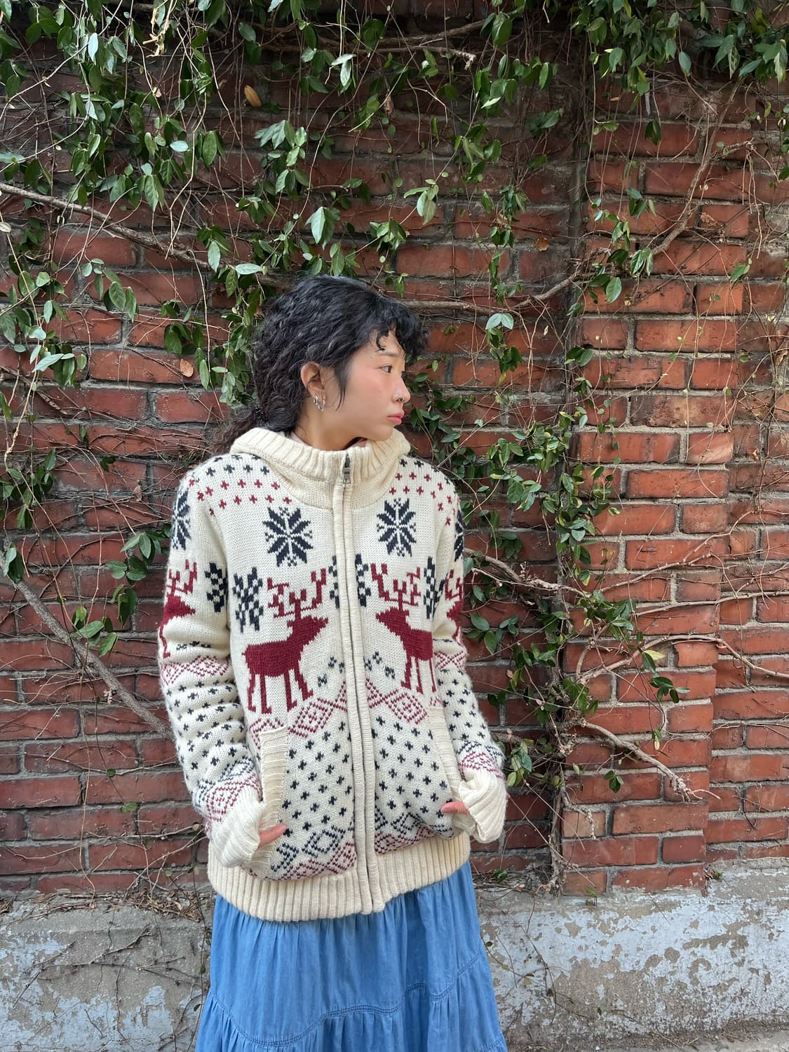 노르딕 패턴 양털 니트 후드 집업 아우터 상품이미지3