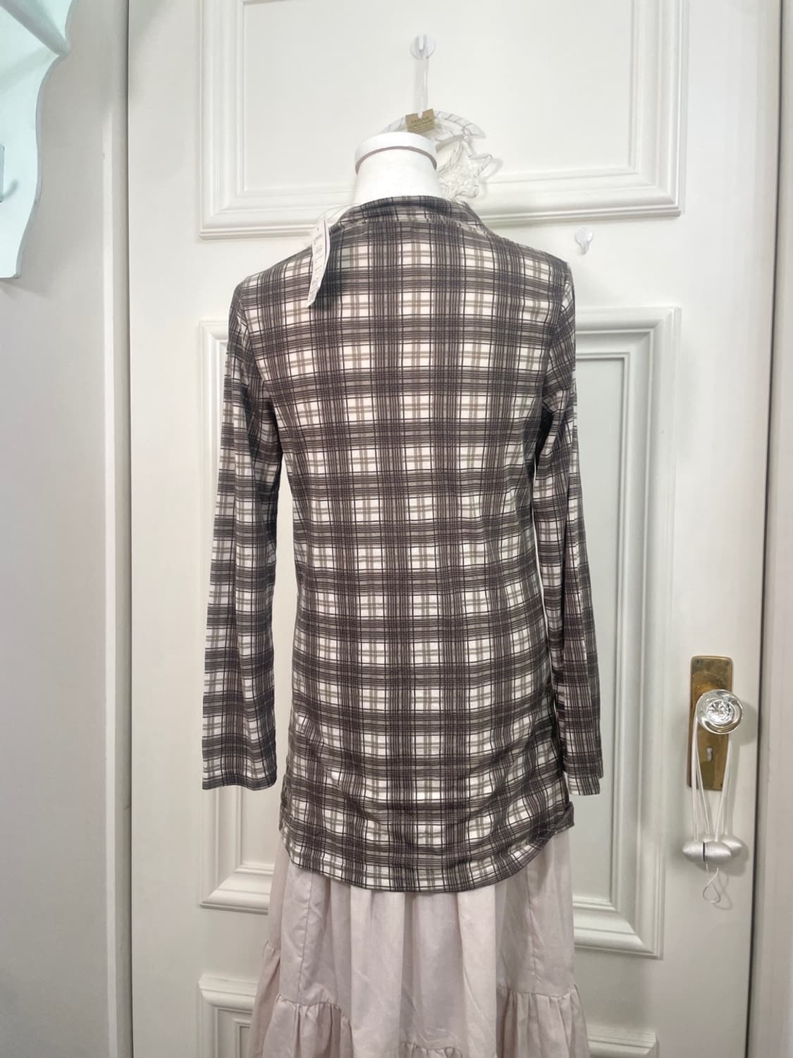 ivory brown check shirring point slim to 상품이미지3