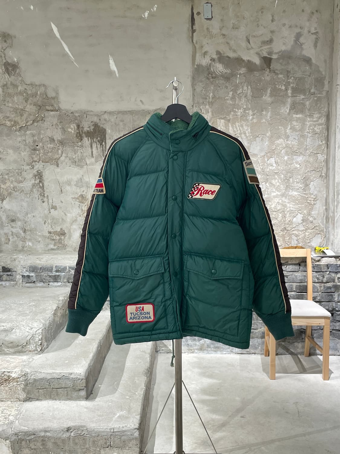 빈티지 그린 레이싱 패치 나일론 패디드 자켓 상품이미지1