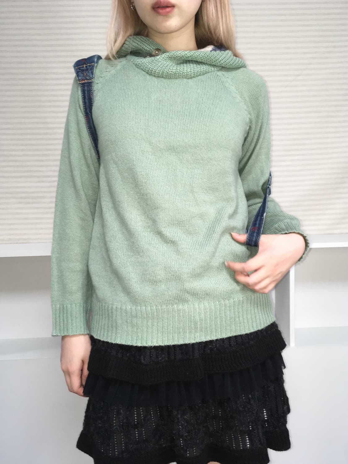 jpn vintage mint button stripe hood knit 상품이미지3