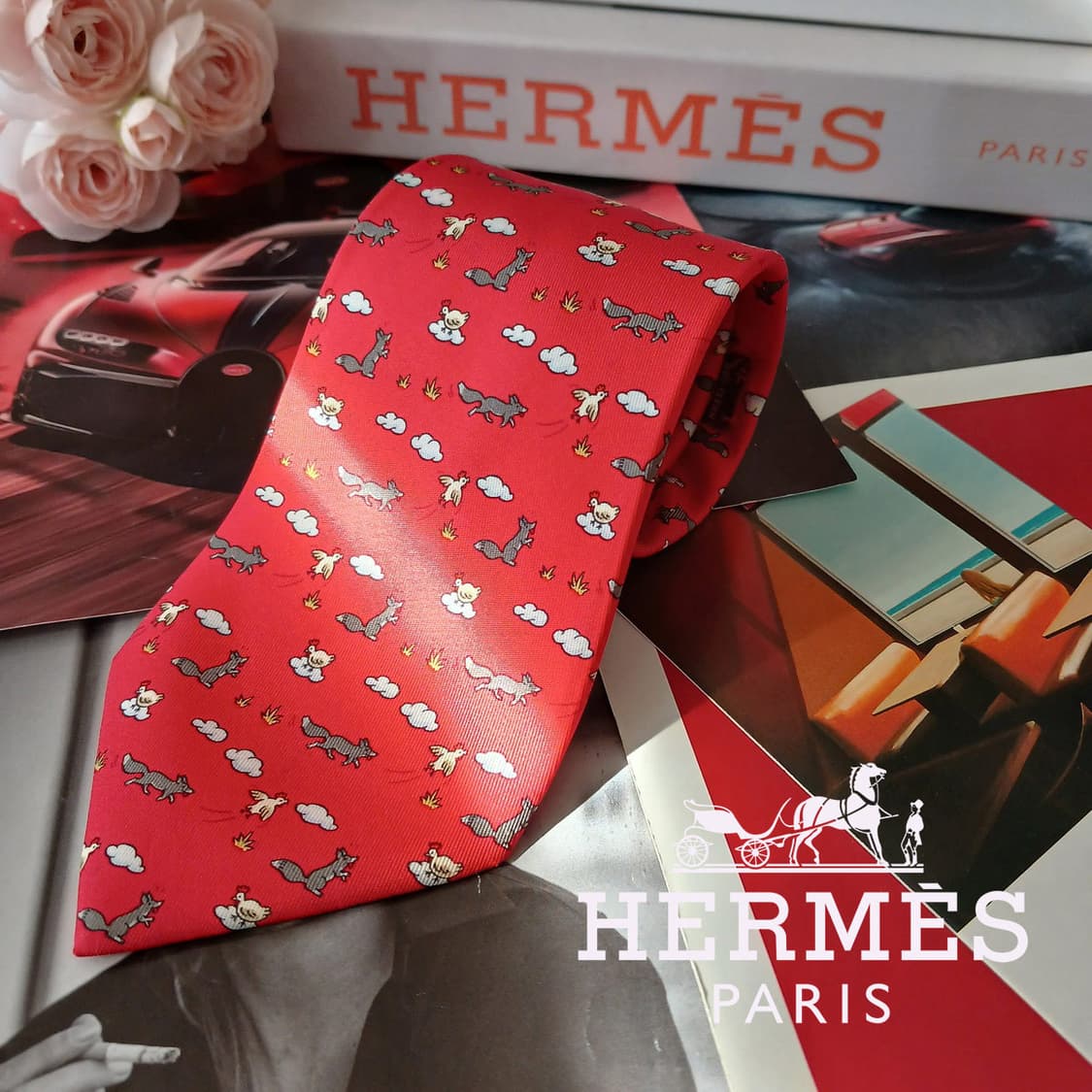 에르메스 실크 레드 닭&여우 패턴 넥타이 9.2cm A+등급 A19027 상품이미지1