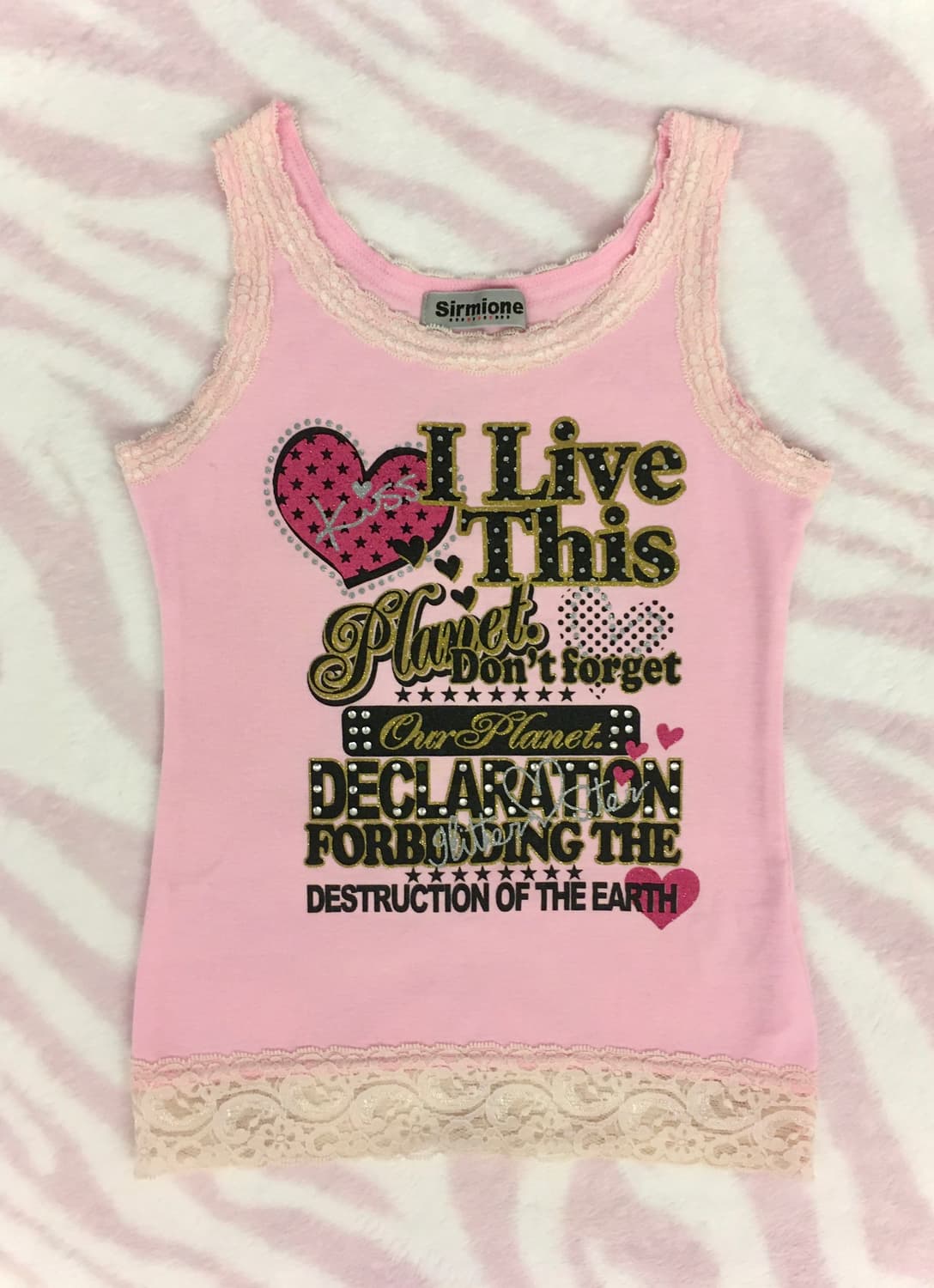 헤이세이 핑크 키치 레터링 슬리브리스 나시 갸루 조지후쿠 레이스 상품이미지1