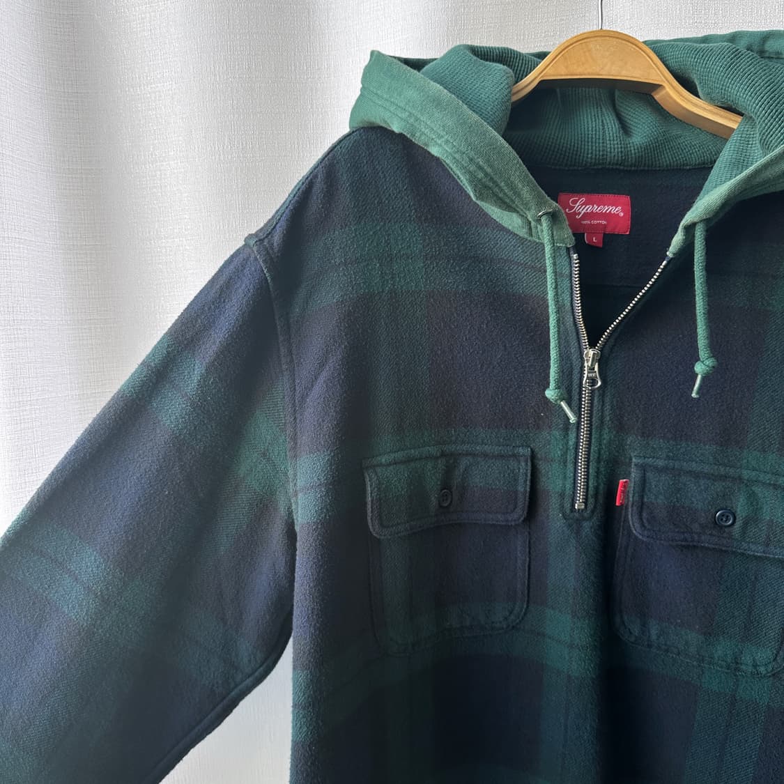 슈프림 16FW 후디드 체크 하프 집업 플란넬 셔츠 네이비 그린 L 상품이미지2