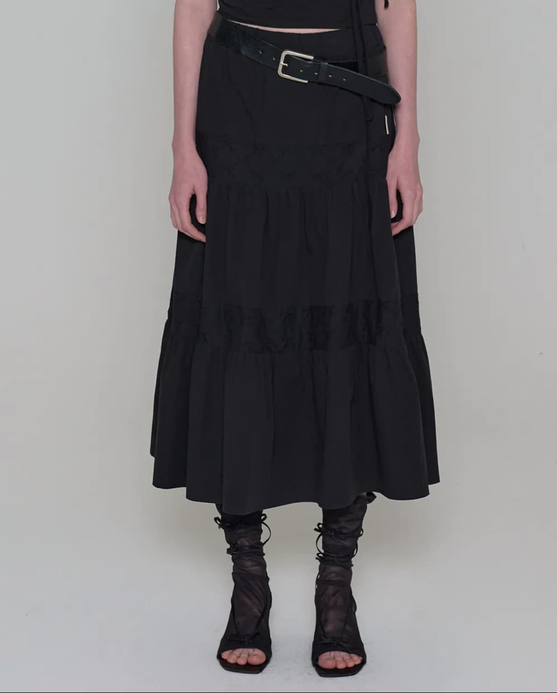 Rockcake Lace Point Long Skirt - Black 상품이미지1