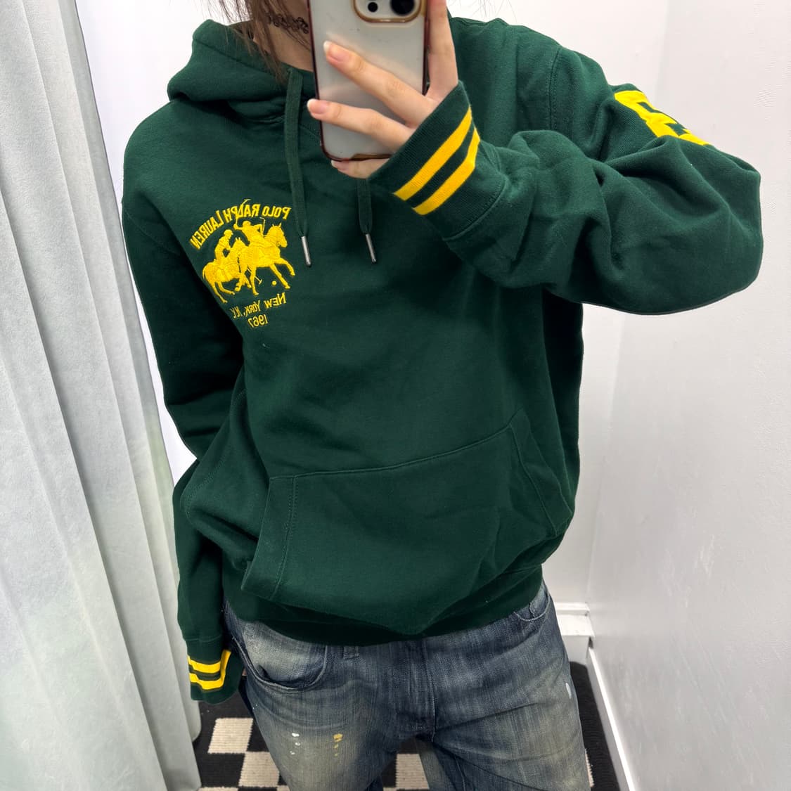 폴로 그린 엠브로이드 로고 기모 후드티 상품이미지1