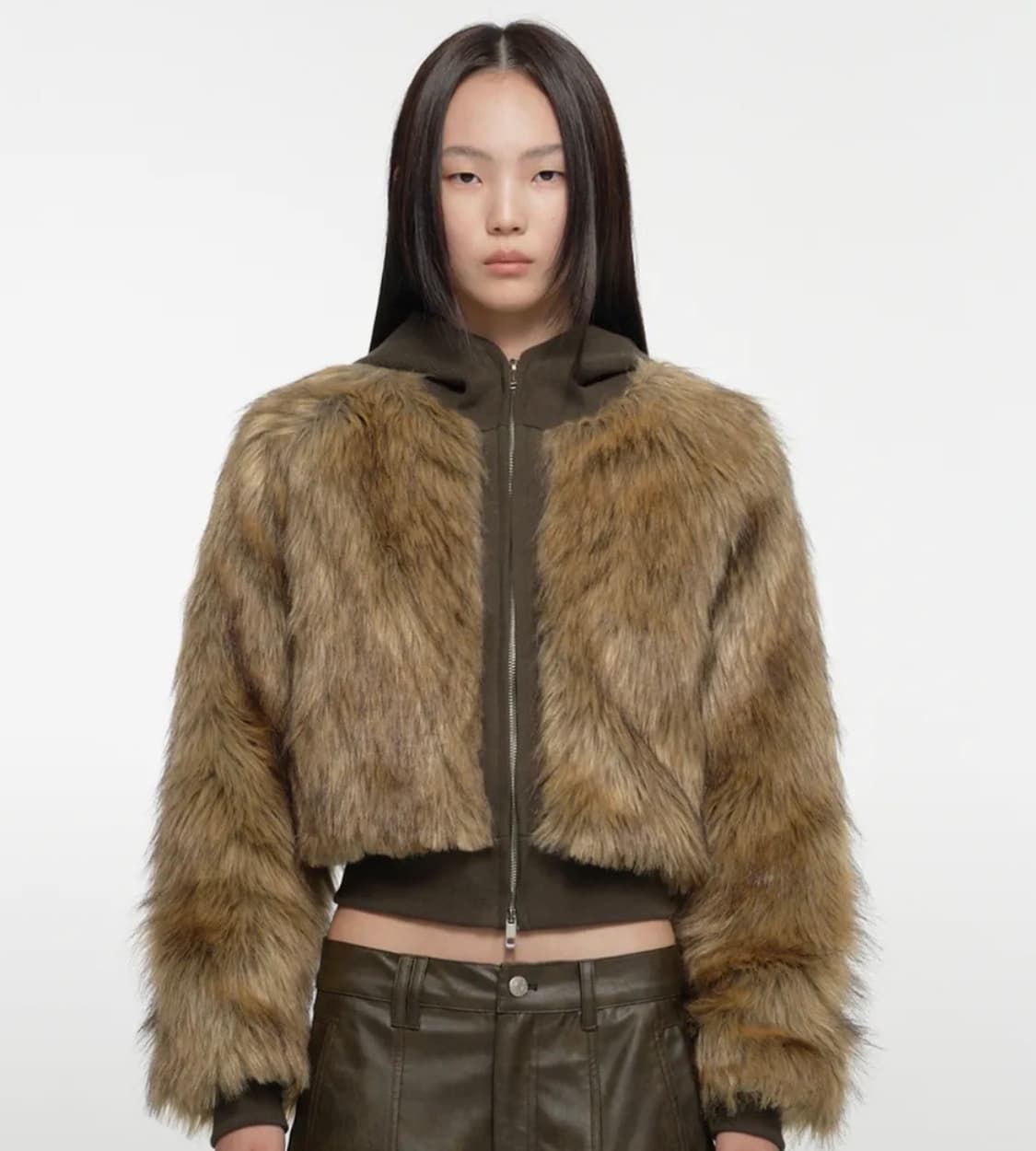 나체 hoodie crop fur jacket 카키브라운 상품이미지1