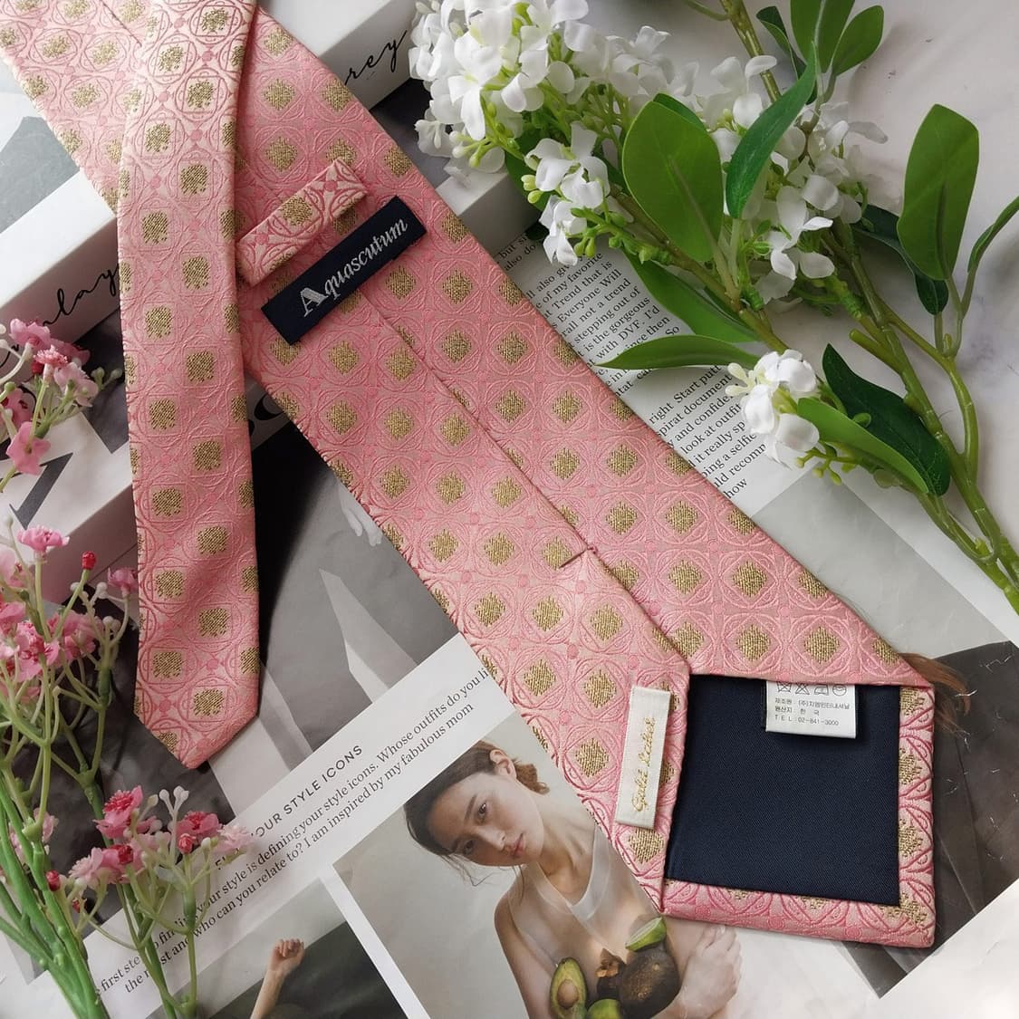 아쿠아스큐텀 실크 핑크 자카드 패턴 넥타이 9.5cm A+등급 K2108 상품이미지4