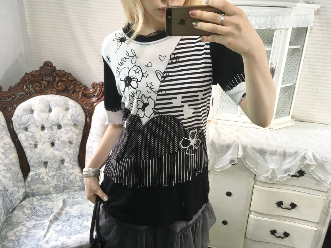 일본빈티지 도트 스트라이프 괴짜 프린팅 블라우스 상품이미지2