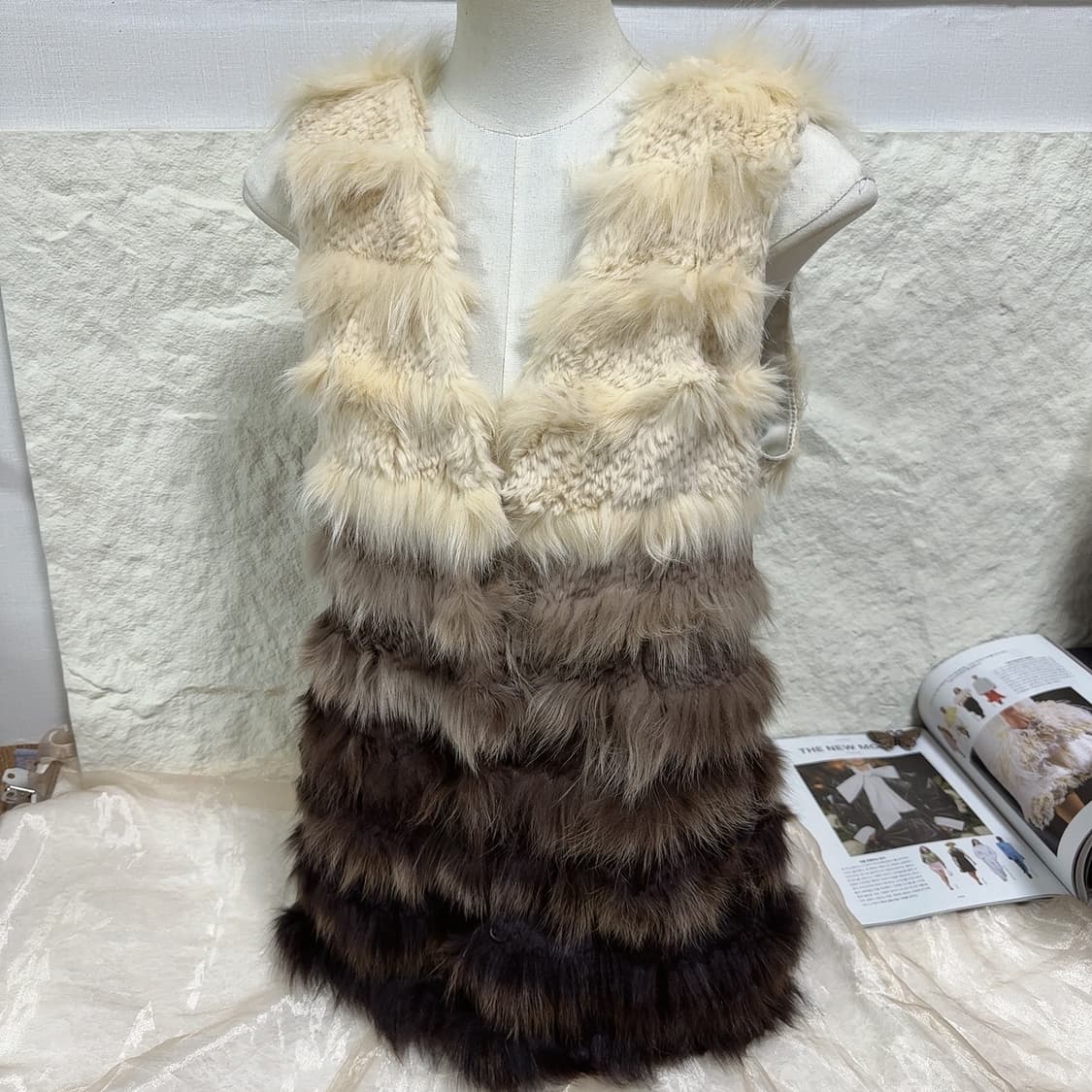 빈티지 베이지 브라운 배색 라쿤퍼 차졸 조끼 베스트 상품이미지2