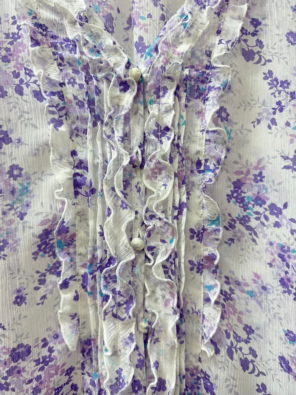 택있는새상품 일본빈티지 라벤더 플라워 쉬폰 러플 셔링 핀턱 프릴 블라우스 상품이미지2