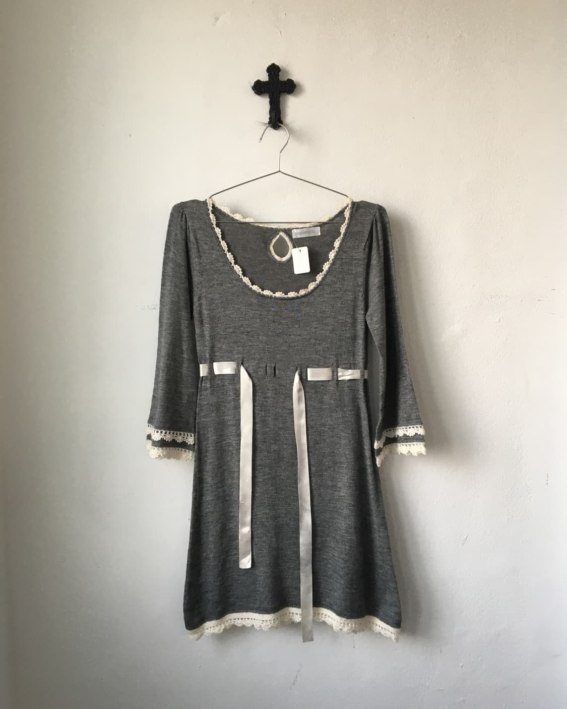 Lace trimming belted woolen knit one pie 상품이미지2