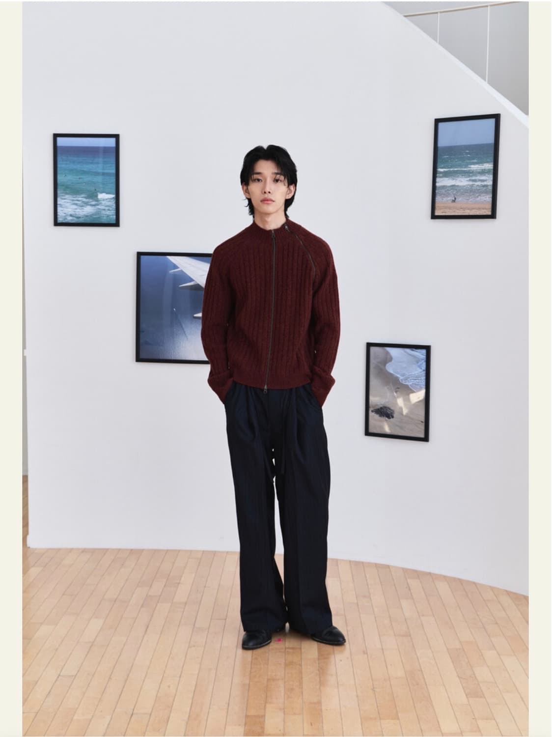 [2, 새상품] 웨이비니스 다이애그널 풀집업 니트웨어 멜란지 레드 상품이미지2