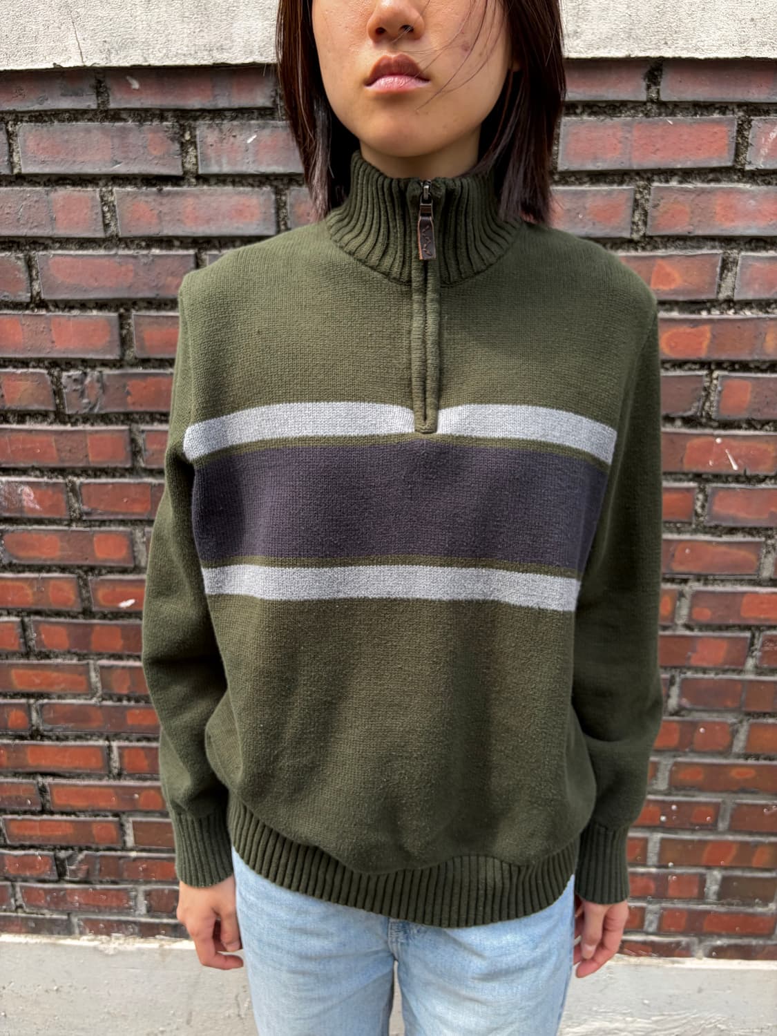 Eddie Bauer 올리브 스트라이프 하프집 니트 M 상품이미지1