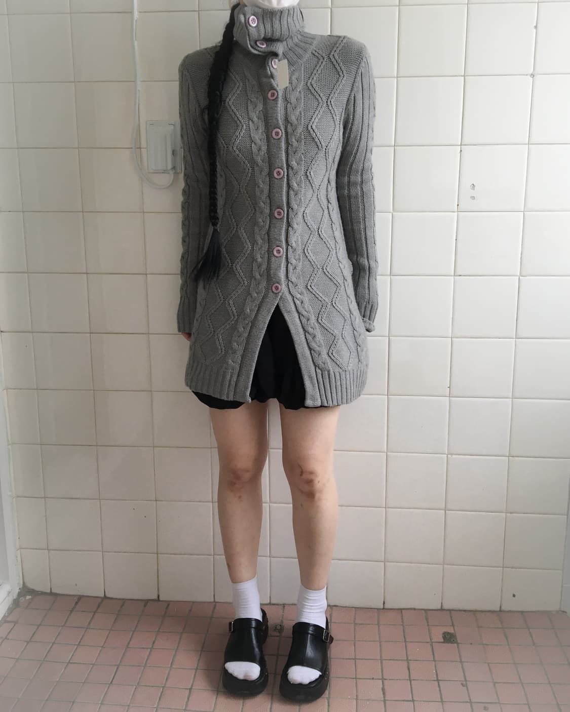 Cable pattern high neck long knit cardig 상품이미지7