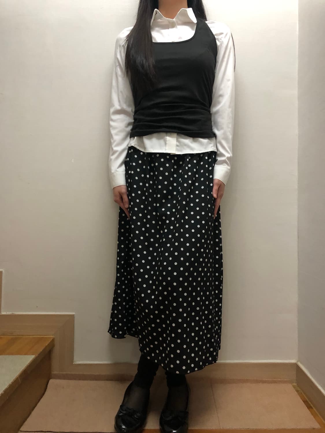 빈티지 블랙 도트 레이어드 롱 스커트 상품이미지2