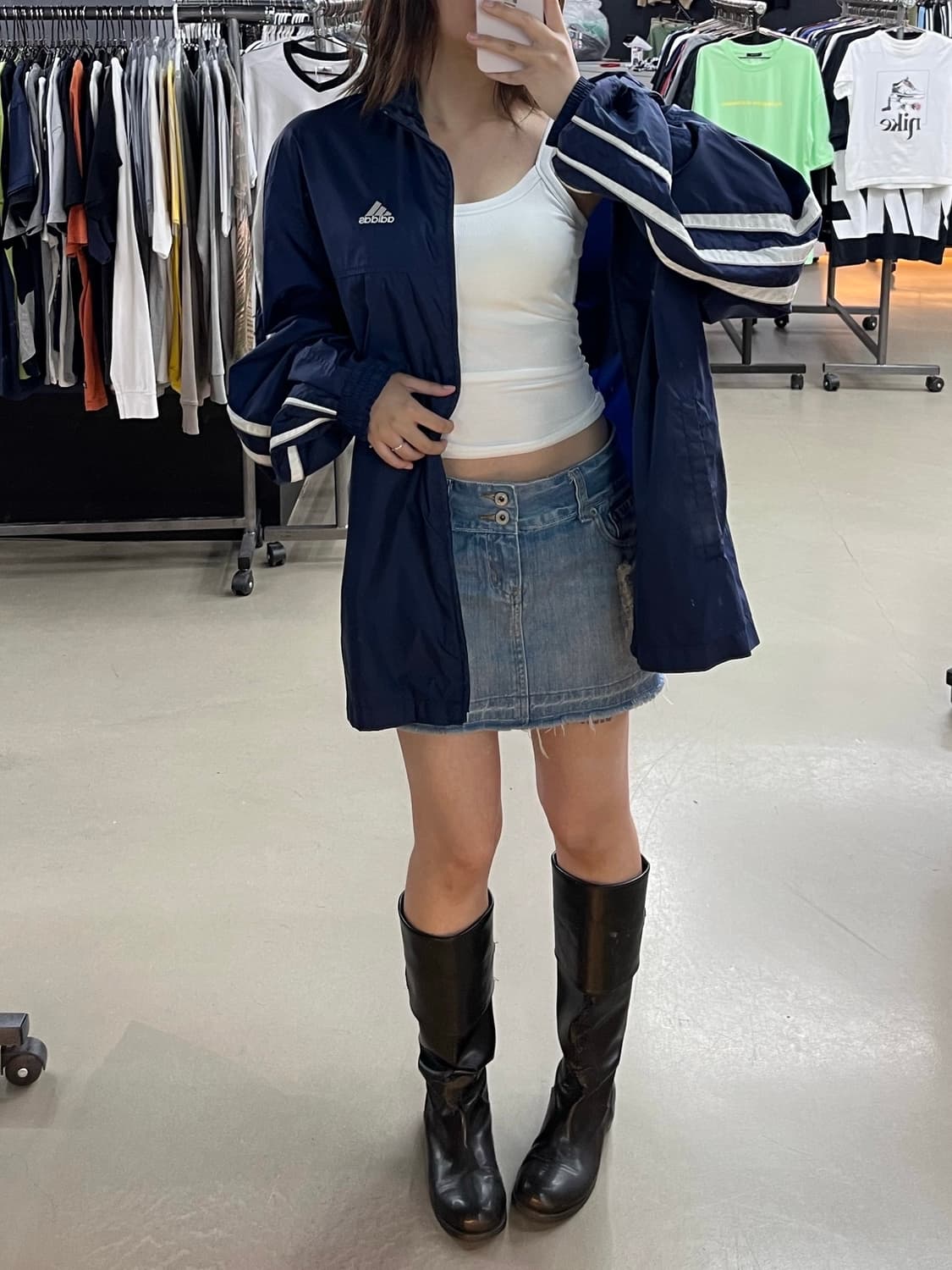 스포티 아디다스 바람막이 데미지 데님 미니 스커트 코디세트 상품이미지1