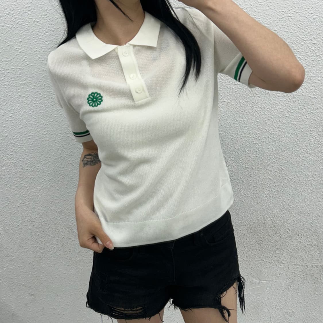 마르디 메르크디 그린배색 화이트 니트 반팔 상품이미지1