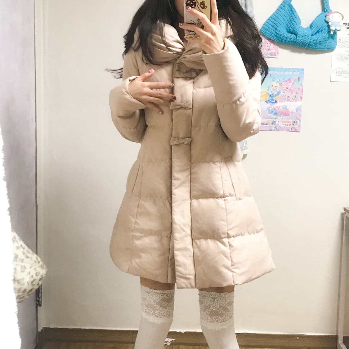 빈티지 핑크 리본 패딩 히메갸루 로걀 라떼 히메카지 헤이세이 발레코어 상품이미지1