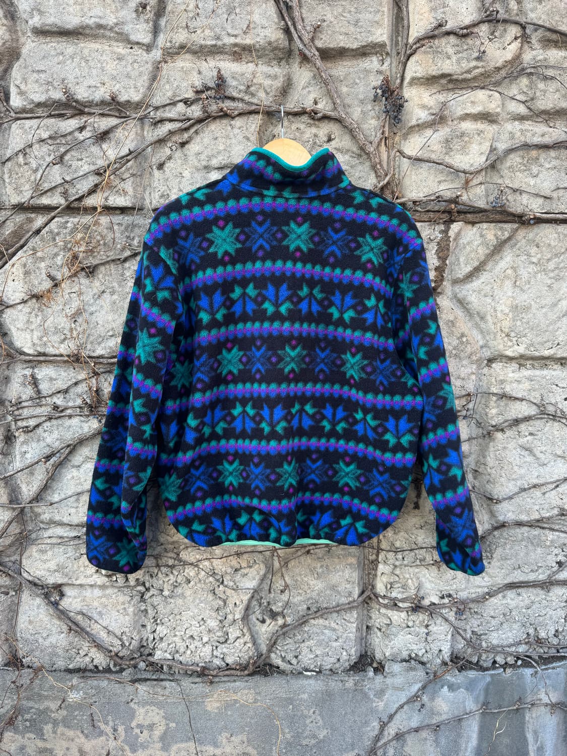 90s 엘엘빈 빈티지 노르딕 아즈텍 패턴 풀오버 플리스 스냅 티 상품이미지2