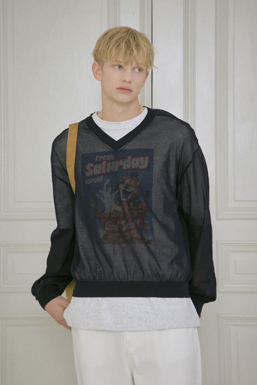 STU Sheer V-neck Knit Navy  L 상품이미지3