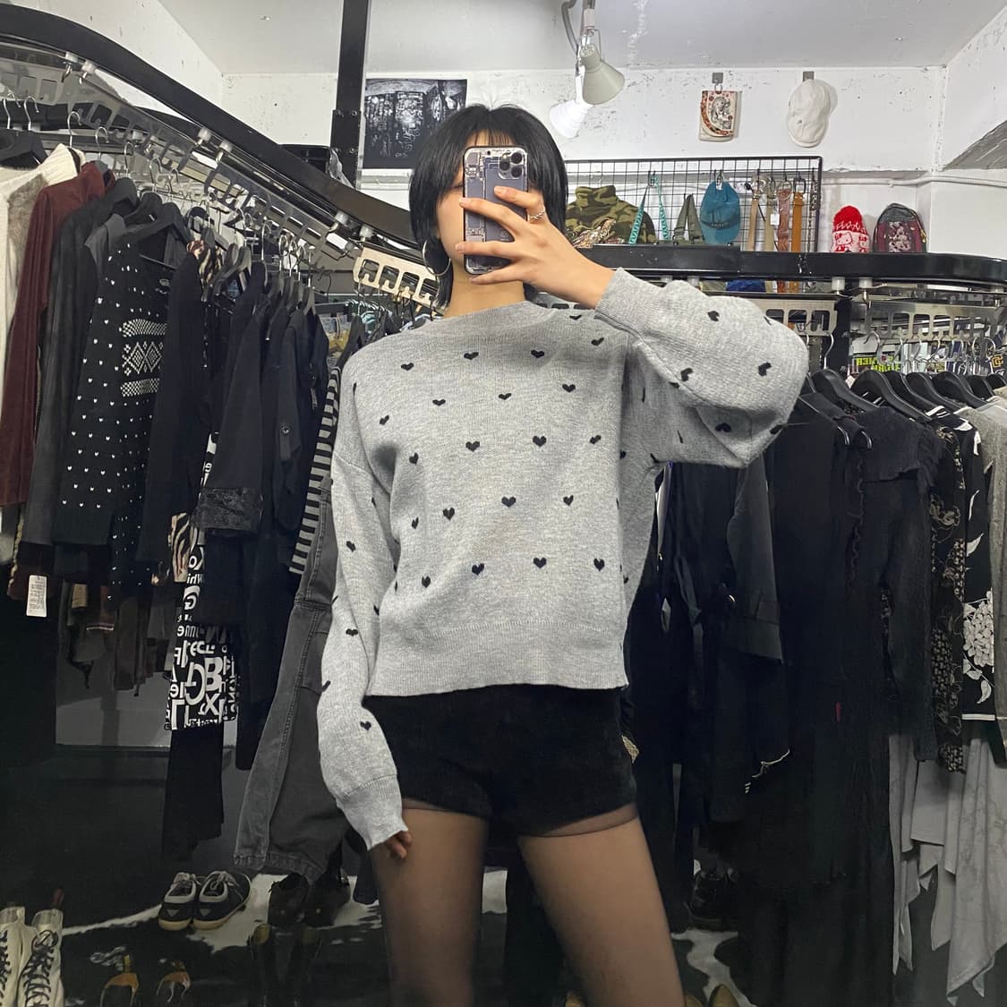 Japanese vtg 하트 땡땡이 그레이 니트 상품이미지1