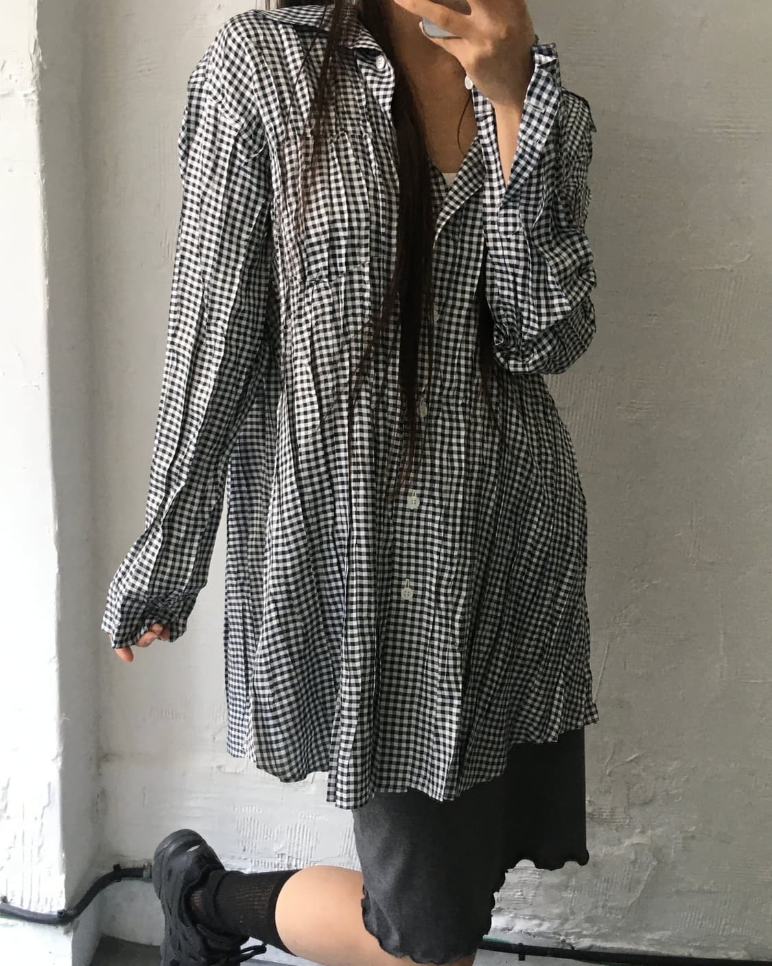 PLEATS PLEASE 플리츠플리즈 체크 링클 셔츠 원피스 상품이미지2