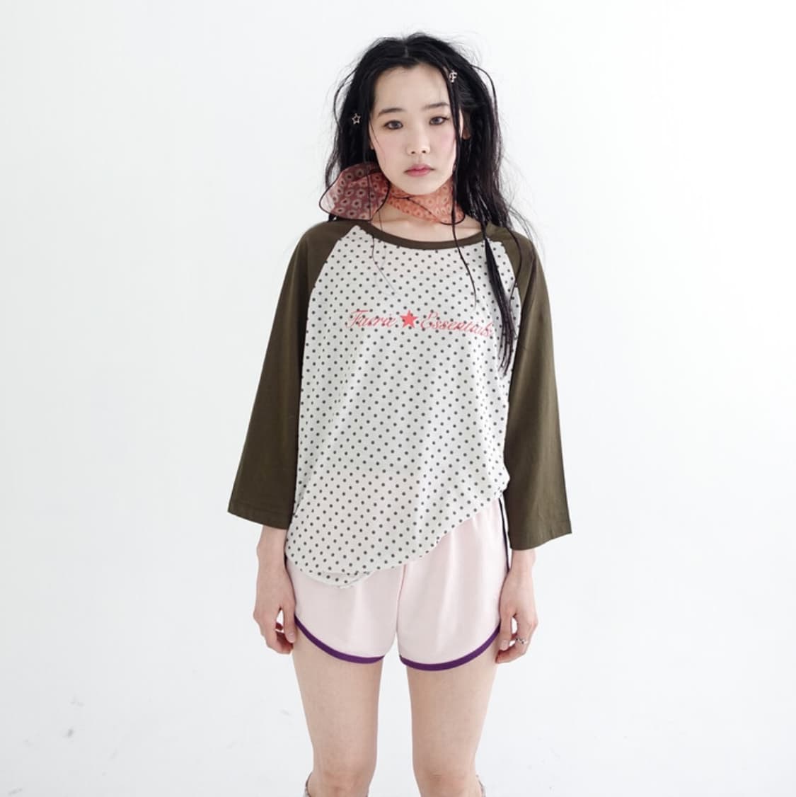 샵페어리 도트 레글런 슬리브 탑 카키 긴팔 티셔츠 상품이미지3