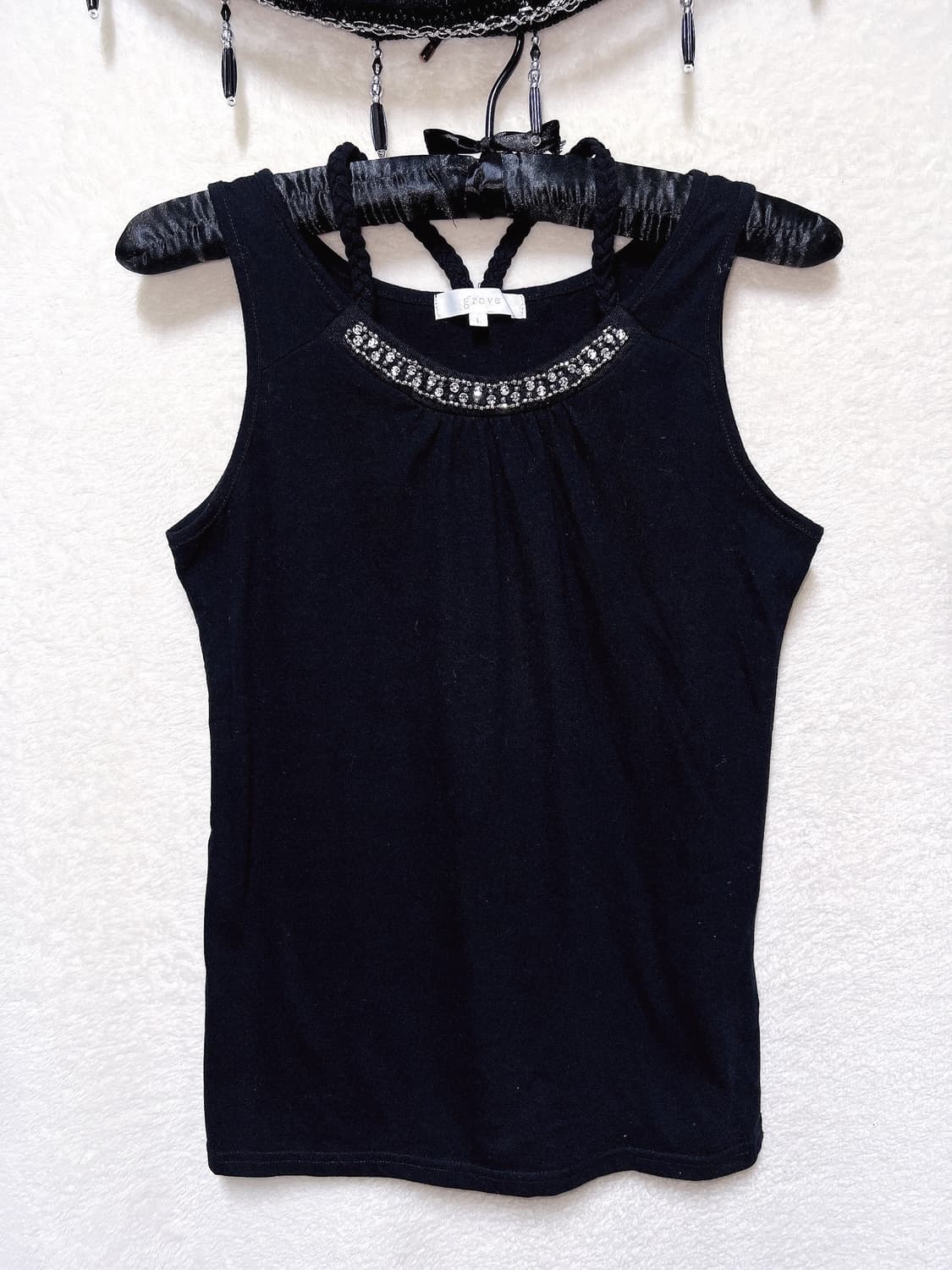 로맨틱고딕 고스펑크 갸루 비즈 큐빅 홀터넥 슬리브리스 나시 핀터 로걀탑 상품이미지7