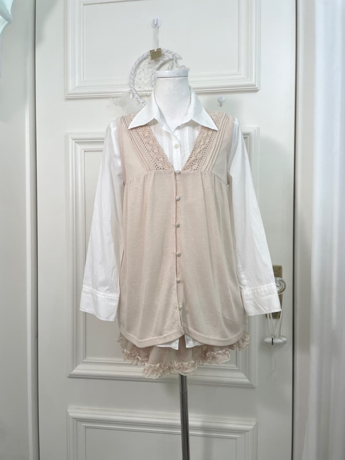 coral beige knit crochet vest cardigan&w 상품이미지1