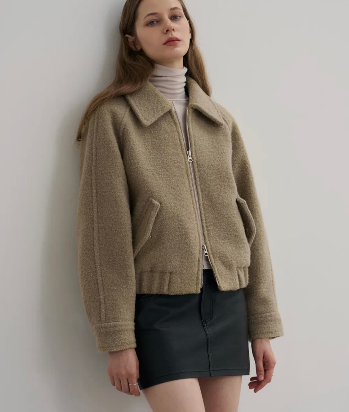 드로우핏 우먼 알파카 부클 밴딩 집업 숏 코트 카키 그레이 S 새상품 상품이미지1