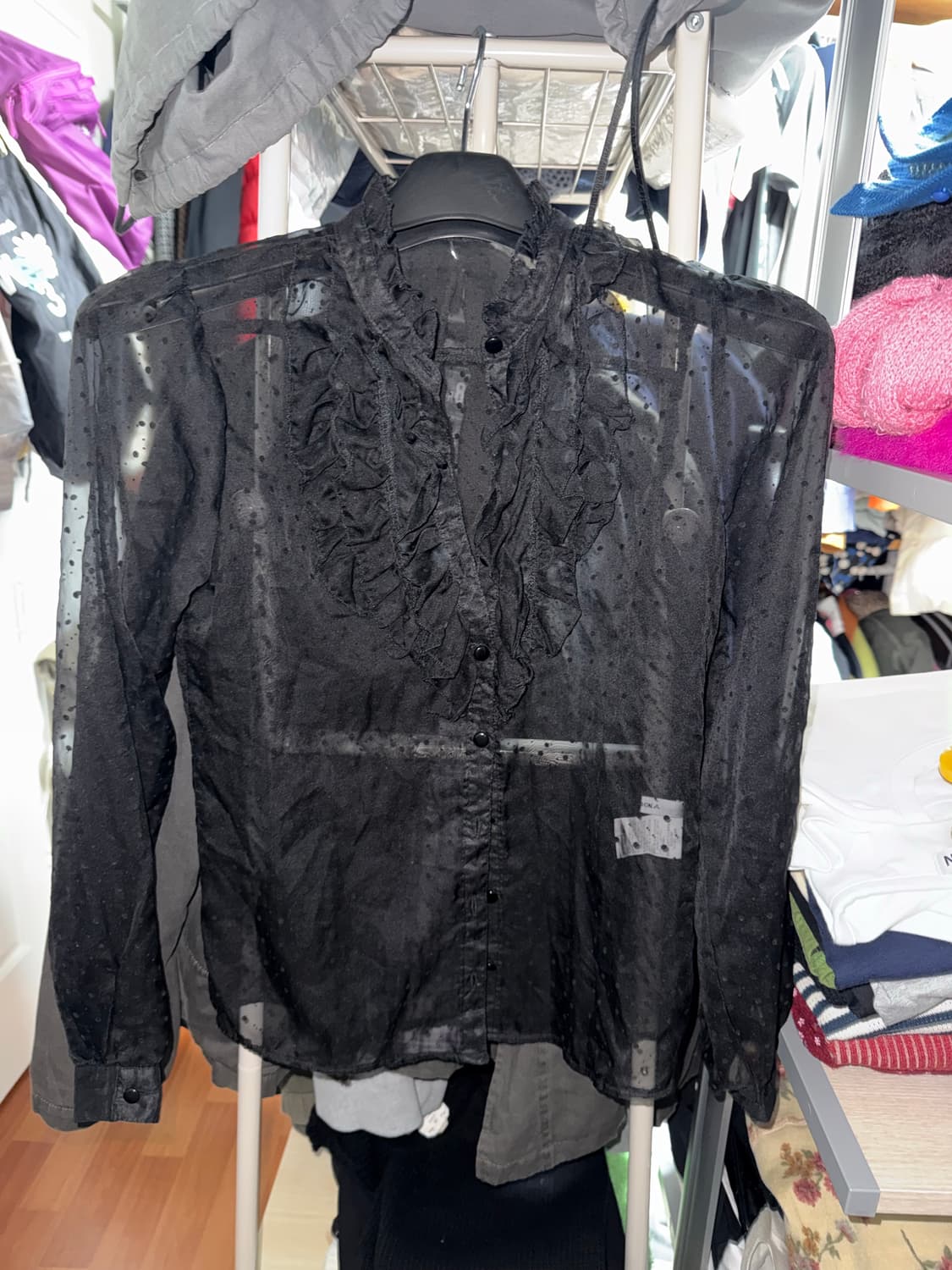 빈티지 땡땡이 시스루 프릴 블라우스 상품이미지1