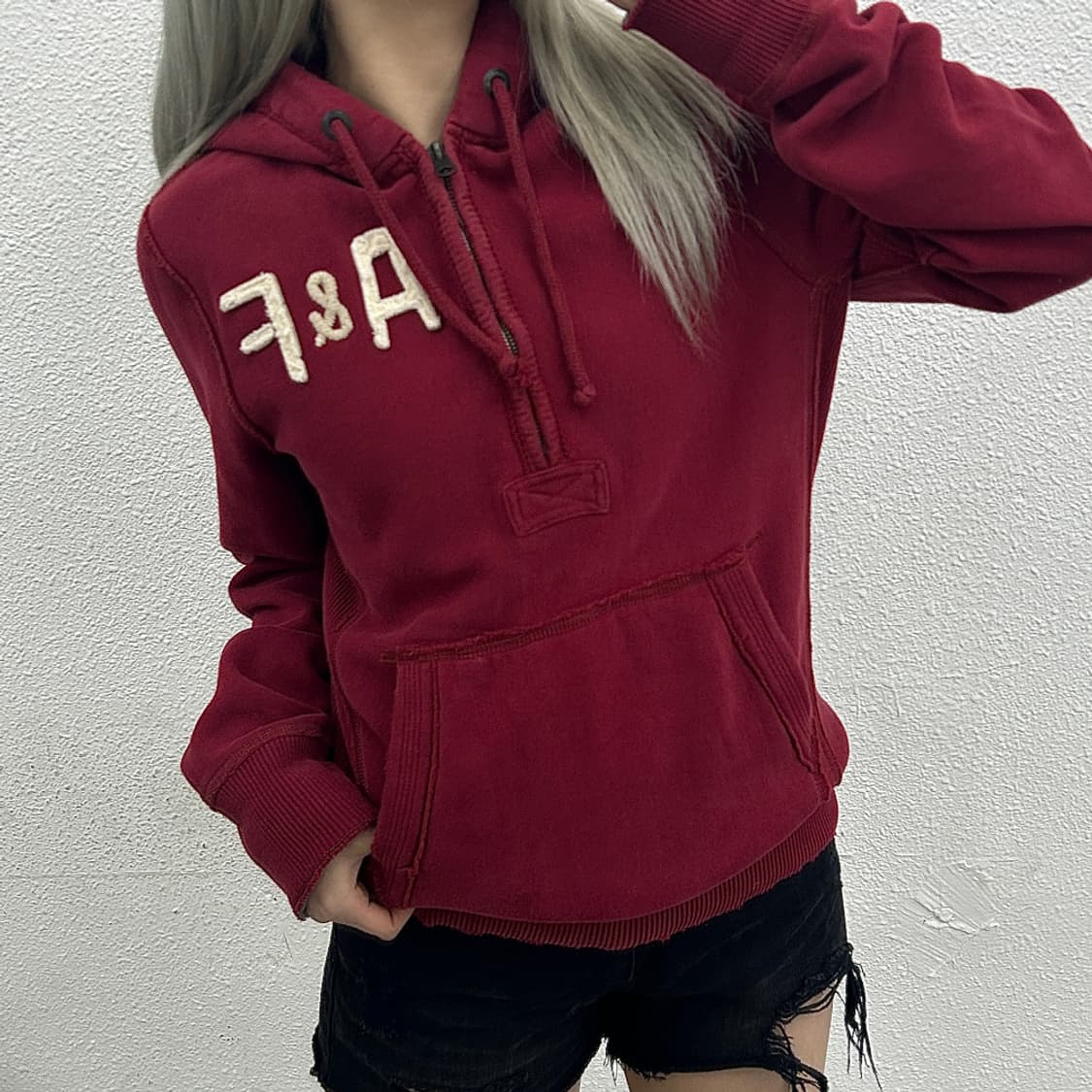 아베크롬비 패치로고 반집업 버건디 후드 S 상품이미지1